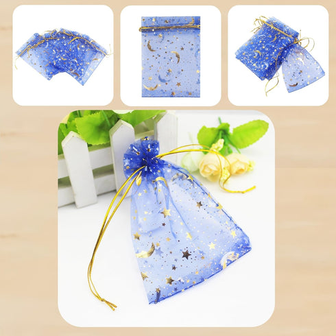 100 Pack 7x9 Inch Moon Star Organza Jewelry Gift Pouch Candy Pouch Drawstring Wedding Favor Bags MS17 (royalblue)...