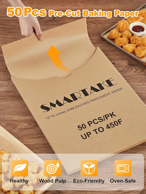 SMARTAKE 50 Pcs Parchment Paper Baking Sheets, 12x16 Inches Non-Stick Precut Baking Parchment, for Baking Grilling Air Fryer Steaming Bread Cup Ca...