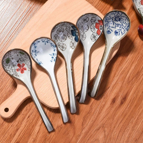 Japanese and Korean Large Ceramic Soup Spoon Set of 5 Hand-Painted Long Handle Rice Spoons...
