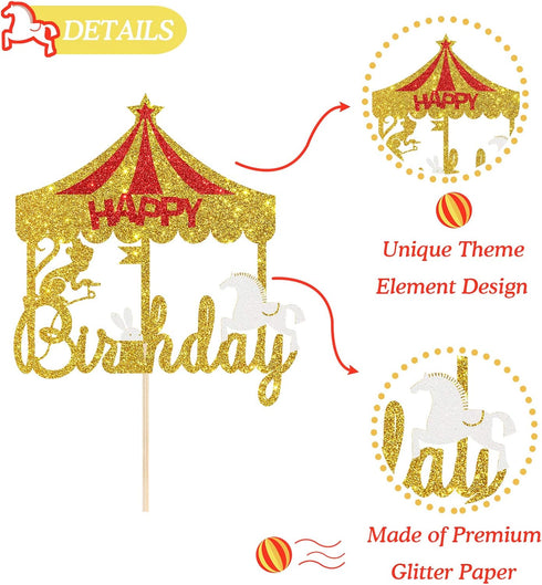 Glitter Circus Happy Birthday Cake Topper - Tent Carnival Themed Cake Decor - Amusement Park Circus Theme Party Supplies Gold...