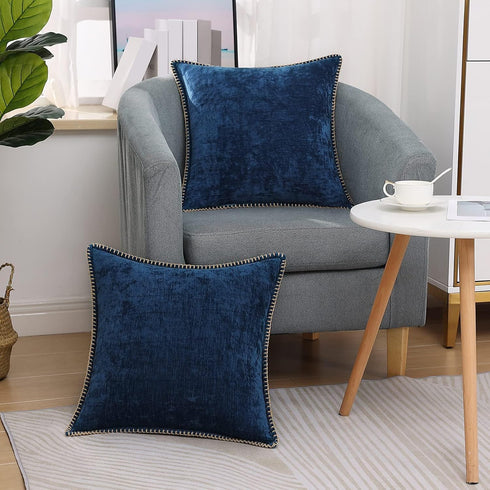 decorUhome Chenille Soft Throw Pillow Covers 18x18 Set of 2, Farmhouse Velvet Neutral Decorative Pillow Covers with Stitched Edge for Couch Sofa B...