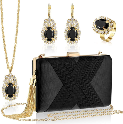 Quelay 4 Pcs Women Satin Clutch Purse Handbag Evening Bag for Wedding Banquet Handbag Vintage Necklace Earrings Jewelry Set...