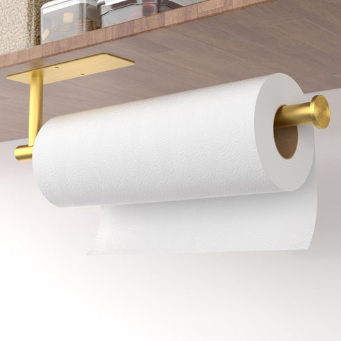 Paper Towel Holder Under Cabinet - Gold Paper Roll Holder Wall Mount, Stainless Steel, Self-Adhesive or Drilling, for Kitchen, Bathroom, RV...
