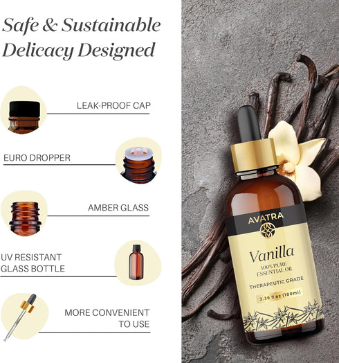 Avatra Vanilla Essential Oil for Diffuser, Skin, & Aromatherapy | Natural & Undiluted Oil for Soap & Candle Making | Long Lasting Scent- 3.38 Fl O...