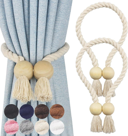 2 Pack Magnetic Curtain Tiebacks Cotton Hand Woven Tie Back Decorative Rope Holdbacks for Curtains Draperies No Tools Required, Beige...