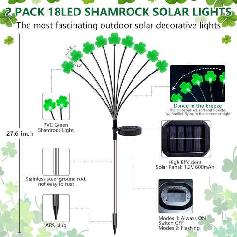 2 Pack St Patricks Day Decorations Solar Outdoor Lights, 18 LED Lucky Green Shamrock Lights Irish Firefly Solar Lights, 2 Modes Waterproof St Patr...