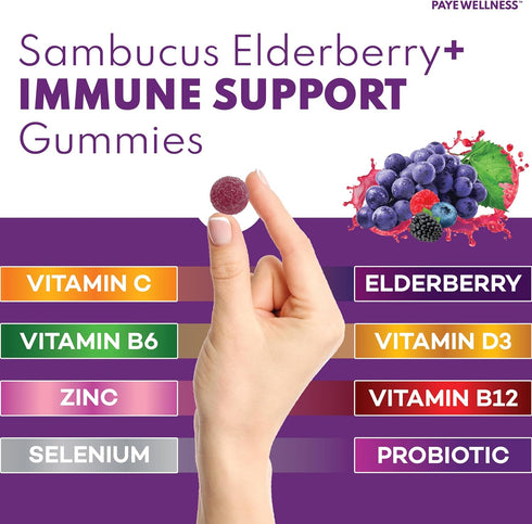 Sambucus Elderberry Immune Gummies, Daily Immune Support for Kids and Adults*, with Zinc, Vitamin C, D3, B6, B12, Plus - Dietary Supplement - 70 C...