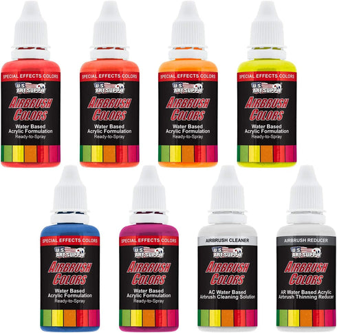 U.S. Art Supply 6 Color Fluorescent Acrylic Neon Colors Airbrush, Leather & Shoe Paint Set with Reducer & Cleaner 1 oz. Bottles...