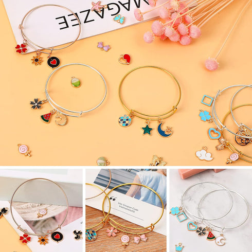 UPINS 30Pcs Silver Expandable Blank Bracelets Adjustable Wire Bangles with 100Pcs Tibetan Silver Charms, 200Pcs Open Jump Rings for Jewelry Making...