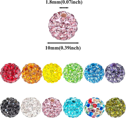 Rhinestone Beads for Jewelry Making 200pcs Mix 10mm Rhinestone Beads for Pens Making Bulk Glitter Sparkle Disco Ball rhinestone Spacer Beads for B...