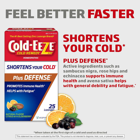Cold-Eeze Plus Defense Natural Citrus with Elderberry Zinc Lozenges, Homeopathic Cold Remedy, Shortens Common Cold Symptoms, Promotes Immune Healt...