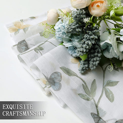 Tollpiz Short Sheer Floral Tier Curtains Yellow Flower Butterfly Printed Half Window Curtain Rod Pocket Kitchen Voile Faux Linen Curtains for Bath...