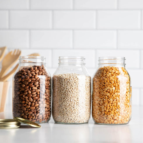 Regular-Mouth Glass Canning Mason Jars (4 Pack) , 32-Ounce (2 Pint) Glass Canning Jars with Gold Metal Airtight Lids and Bands for Canning Preserv...