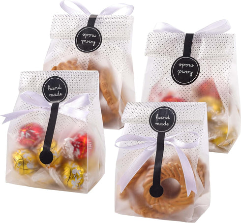 YunKo Cookie Bags for Gift Giving Clear Cellophane Treat Bags for Favors Mini Loaf, Bundt Cake, Hot Cocoa Bomb Packaging With Stickers(100PACK, Bl...
