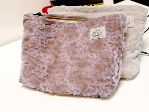 Corduroy Floral Makeup Bag Cosmetic Travel Pouch, Make Up Purse Organizer, Embroidered Lace Flowers,Creamy White...