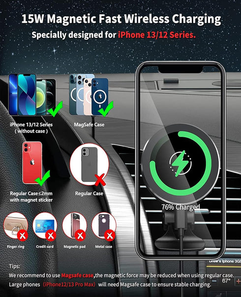 Magnetic Wireless Car Charger, DOODA 15W Fast Charging Wireless Car Air Vent Charger Compatible with iPhone 15/14/13 Pro/Pro Max//13 Mini,iPhone 1...