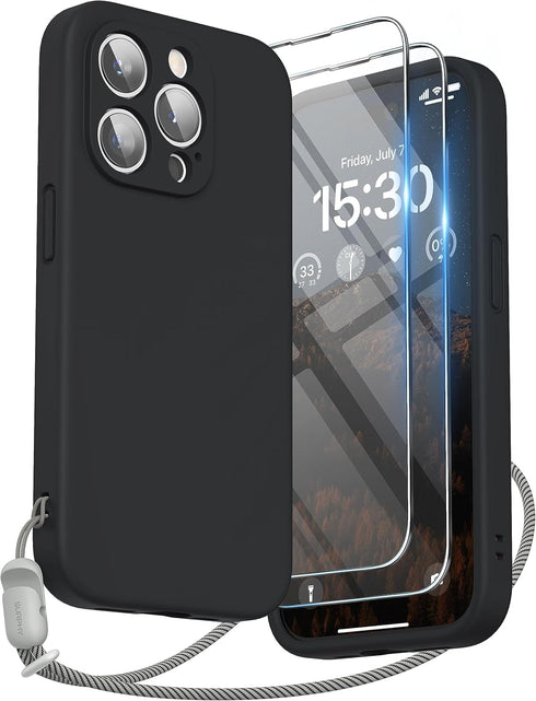 SURPHY Designed for iPhone 15 Pro Case with Screen Protector and Lanyard, Phone Strap and Liquid Silicone Phone Case (Camera Protective + Soft Mic...