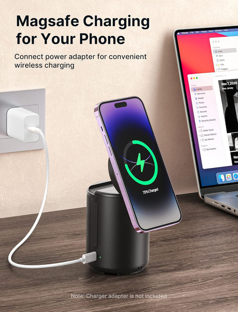 JSAUX Cell Phone Stand with Wireless Bluetooth Speaker and Magnetic Wireless Charger, Compatible with iPhone 15/Samsung, Birthday Gifts for Men an...
