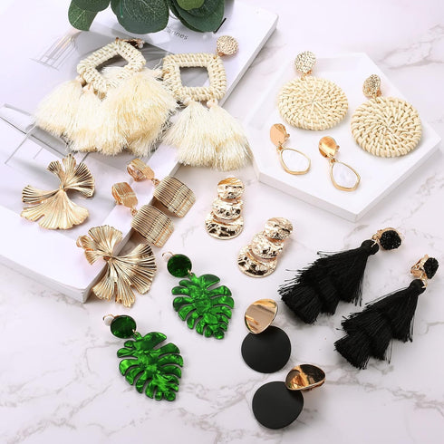 FINREZIO 9 Pairs Clip on Drop Earrings for Women Statement Rattan Resin Acrylic Drop Dangle Earrings Lightweight Geometric Rattan Tassel Hoop Drop...