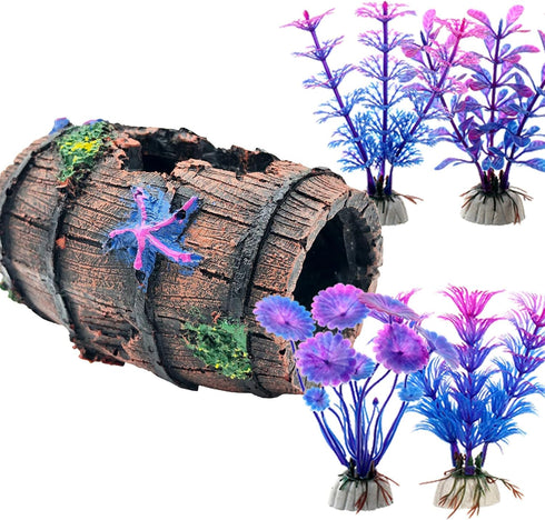 Faeshoo Fish Tank Decoration Betta Fish Tank Decorations Accessories for Aquarium Tank, Starfish Barrel x 1pc, Aquatic Plants x 4pcs...