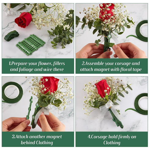 Waydress Small Floral Boutonniere Magnets Corsage Brooches Magnet and 2 Rolls 1/2 Inch x 30 Yards Floral Wrapping Tape for Handmade Wedding Bride ...