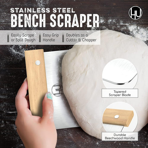LHU Bread Making Tools and Supplies - Set of 3 - Danish Dough Whisk, Bread Lame, Bench Scraper - Dough Hook with Bread Scraper, Lame Bread Tool, B...