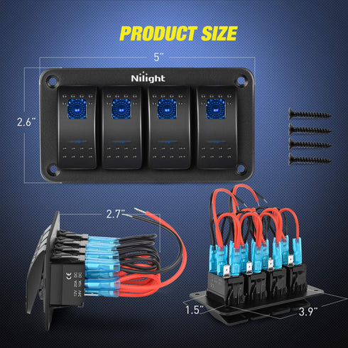 Nilight - 90109D 4 Gang Aluminum Rocker Switch Panel Toggle Dash 5 Pin ON/Off Pre-Wired Rocker Switch Blue Backlit Switch for Automotive Car Marin...