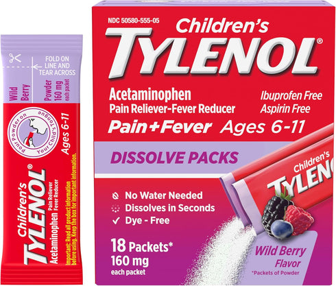 Children's Tylenol Dissolve Packs with 160 mg Acetaminophen Pain Reliever & Fever Reducer, Kids' Powder Packets for Cold & Flu Symptom Relief, Ibu...