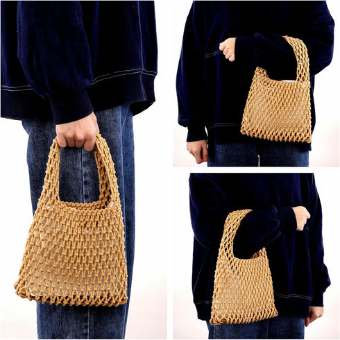 Ayliss Women Mini Clutch Handbag Tote Cotton Crochet Bucket Top-handle Drawstring Beach Woven Fishing Net Pouch Purse...