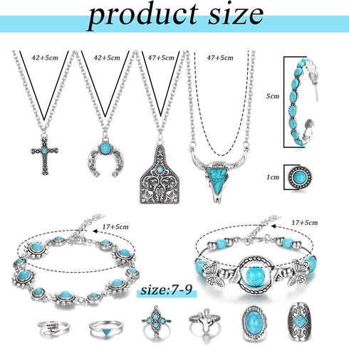 ORAZIO Western Jewelry for Women Turquoise Boho Jewelry Set Bohemian Layered Western Necklace Turquoise Hoop Dangle Earrings Studs Vintage Knuckle...
