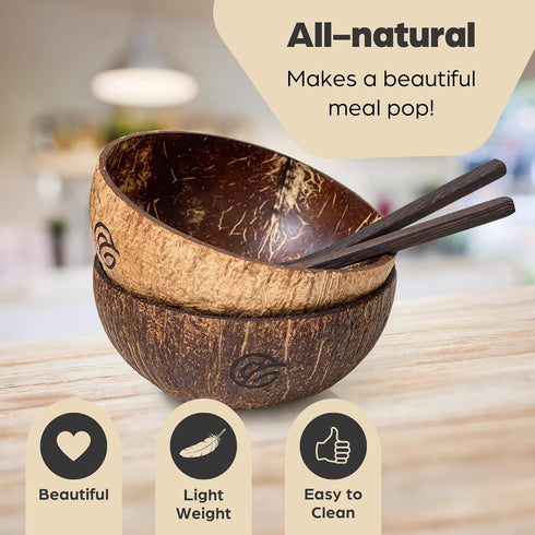 Coconut Bowls and Wooden Spoons Set of 2 – Natural, Hand-Crafted, Vegan-Friendly, Salad, Smoothie or Buddha Bowl and Kitchen Utensils (2 Natural B...