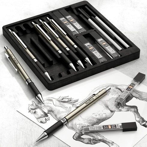Nicpro 0.5 mm Art Mechanical Pencils Set in Gift Case, 6 PCS Metal Drafting Pencil 0.5mm with 6 Tube HB Lead Refills & 18 PCS Eraser Refills for A...