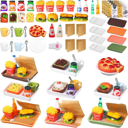 50 Pieces Dollhouse Miniature Fast Food Accessories Set Mixed Resin Food Drink Mini Hamburger Fries Juice Milk Bread Jam Cup Doll Kitchen Pretend ...