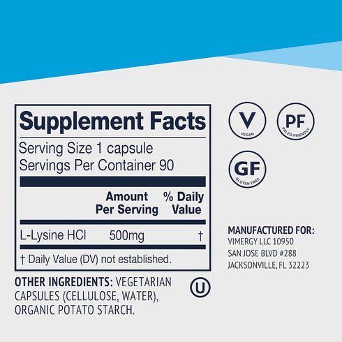 Vimergy L-Lysine 500MG Capsules, Trial Size - 90 Servings – Essential Amino Acid – Supports Immune System, Healthy Skin, Muscles, Bone & Tissue – ...