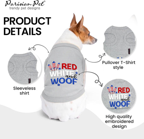 Parisian Pet Dog T-Shirt - Embroidered Red White and Woof 100% Cotton, Breathable Dog Clothes - Grey Sleeveless Pet Vest - Machine Washable Dog Sh...