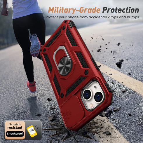 Goton for iPhone 14 & iPhone 13 Case with Screen Protector - Slide Camera Cover Phone Case with Ring Stand, Heavy Duty Military Grade Shockproof R...