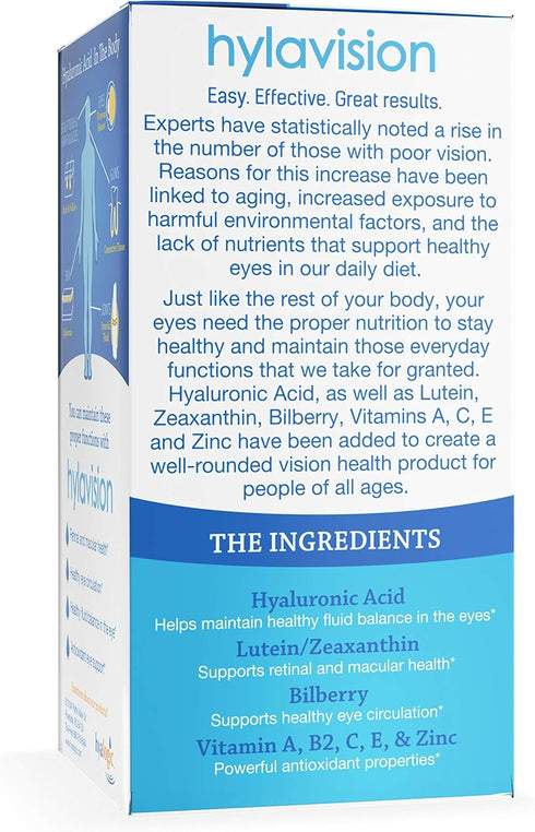 Hyalogic HylaVision Eye Health Supplement - Hyaluronic Acid, Lutein and Zeaxanthin Supplements – Contains Eye Vitamins A, C, E, and Zinc – Soothe ...