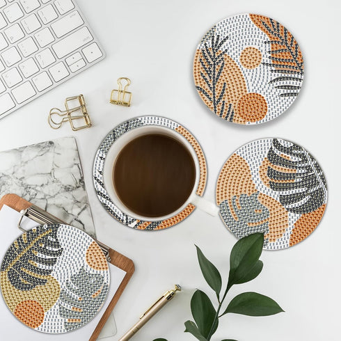 6 Pcs Leaves Diamond Coasters Kits, DIY Gray Leave Boho Diamond Art Coasters Non Slip Coaster for Adults Kids Beginners, Diamond Coasters Painting...