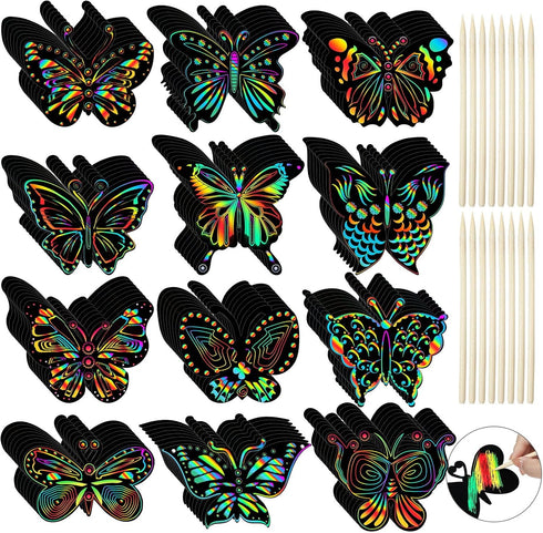 Sratte 120 Pcs Butterfly Scratch Cards 12 Styles Rainbow Spring Scratch Crafts Butterfly Party Favors with 60 Bamboo Stylus Kids' Paper Craft Kits...