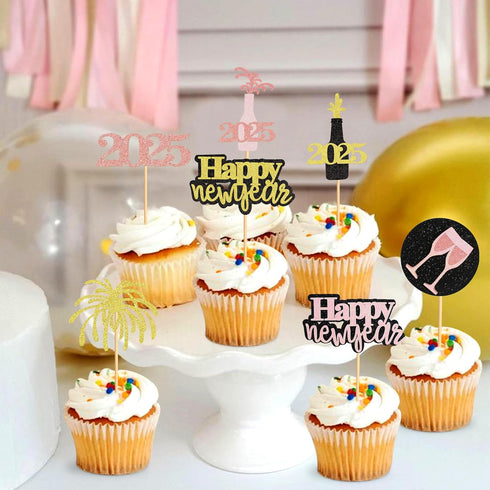 24 Pcs Glitter Rose Gold and Gold Happy New Year Cupcake Toppers 2025 Rose Gold,Gold and Black Cupcake topper Cheers to 2025 Cake Picks for New Ye...