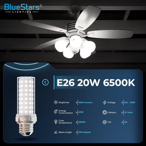 BlueStars SUPER BRIGHT 4 Packs 20W E26 E27 LED Corn Light Bulbs, 150W Equivalent 6500K Cool Daylight White 1600 lumens Non-dimmable for Home Garag...