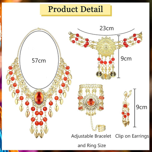JOERICA Gold Plated Belly Dance Jewelry Set for Women Head Jewelry Triangle Bracelet Rings Statement Necklace Clip on Earrings Indian Bollywood St...