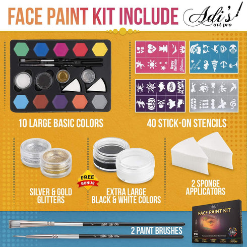 Face Painting Kit for Kids Party - 20 Water-Based Non-Toxic Sensitive Skin Paints, 3 Glitters, 2 Hair Chalks, Combs, 3 Paint Brushes, 40 Stencils,...