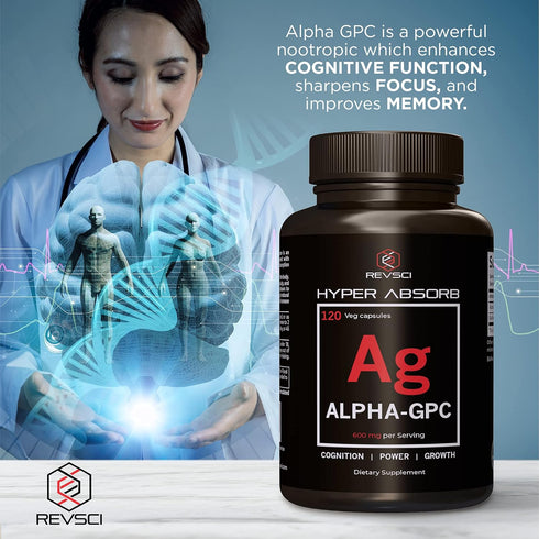 Alpha GPC Supplement + BioPerine for Hyper Absorption - 120 Count, 600mg Serving - Nootropics for Memory, Focus, Energy, Motivation - Choline Supp...