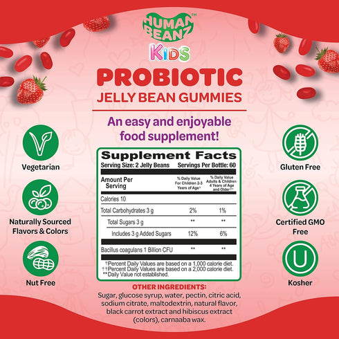 Probiotic Jelly Bean Gummies for Kids, Probiotic Supplements for Digestive Health, Nutritional Vegetarian Supplements, 120 Strawberry Blast Jelly ...