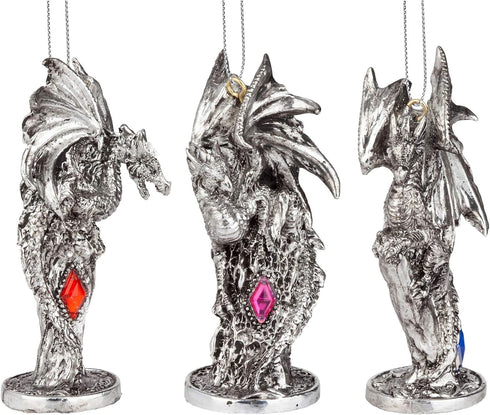 Design Toscano 3 Dragons of The Amesbury Holiday Gemstone Ornament Set, Silver,Christmas...