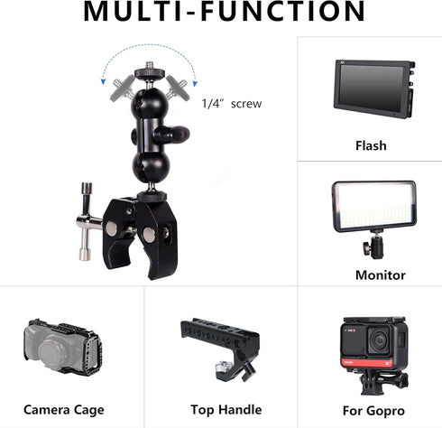 Cool Dual Ball head Magic Arm Adapter Camera Clamp Mount Super Clamp with 1/4 and 3/8 Thread, for DSLR Camera Rig, LED Light, Flash Light, Action ...