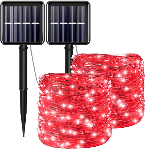 YAOZHOU Red Solar Christmas String Lights Outdoor Waterproof Decorations 100 LED?2 Pack? 8 Modes Copper String Lights Fairy Lights for Valentine's...