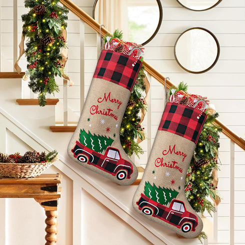 yuboo Burlap Christmas Stockings with Red Truck Xmas Decor 2 Pack, Buffalo Plaid Christmas Stockings 18-Inch Red Truck Christmas Ornaments Decorat...