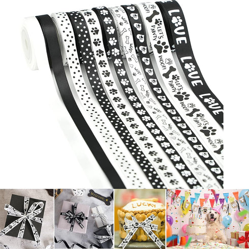HUIHUANG Paw Print Bone Satin Ribbon Assortment - Black and White, 3/8" & " 5/8" Inch, 10 Rolls 50 Yards - Assorted Ribbon for Crafts, Dog Party S...